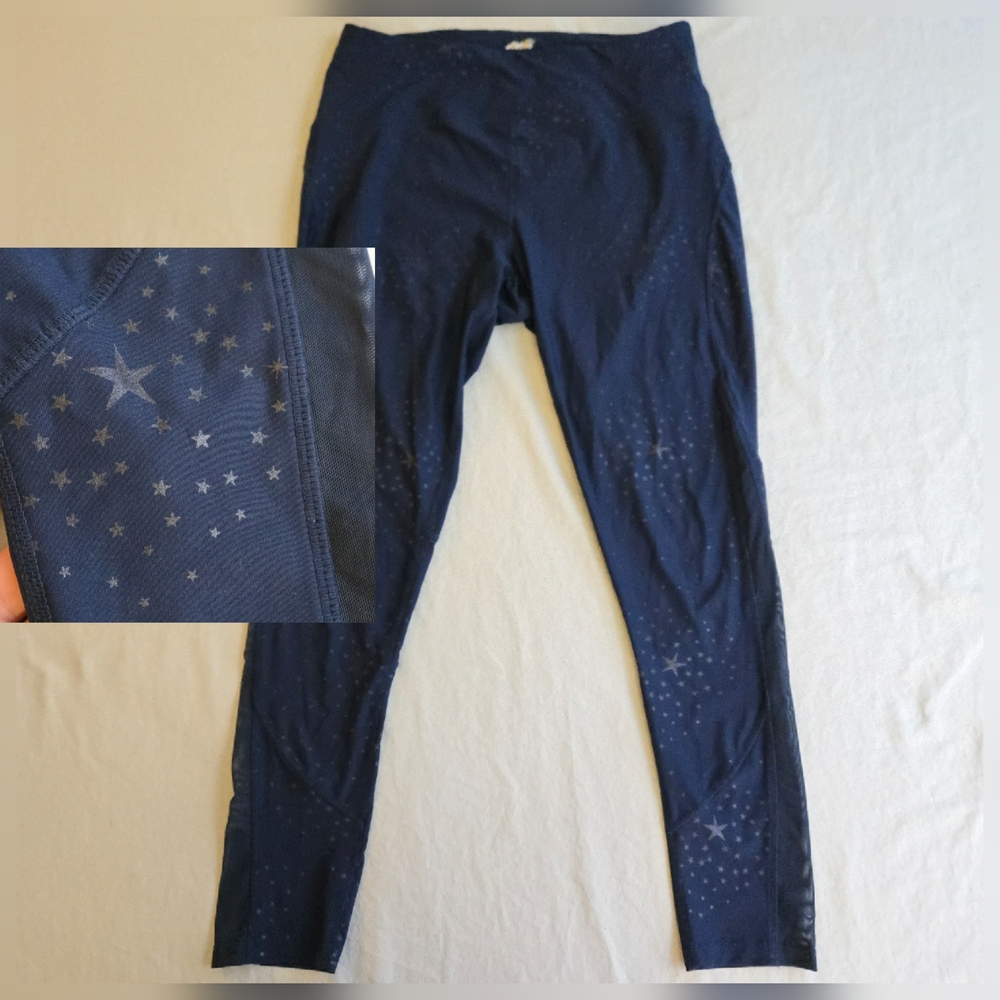 Avia Allover Silver Pop Star Print Navy Blue Cove Leggings EB2